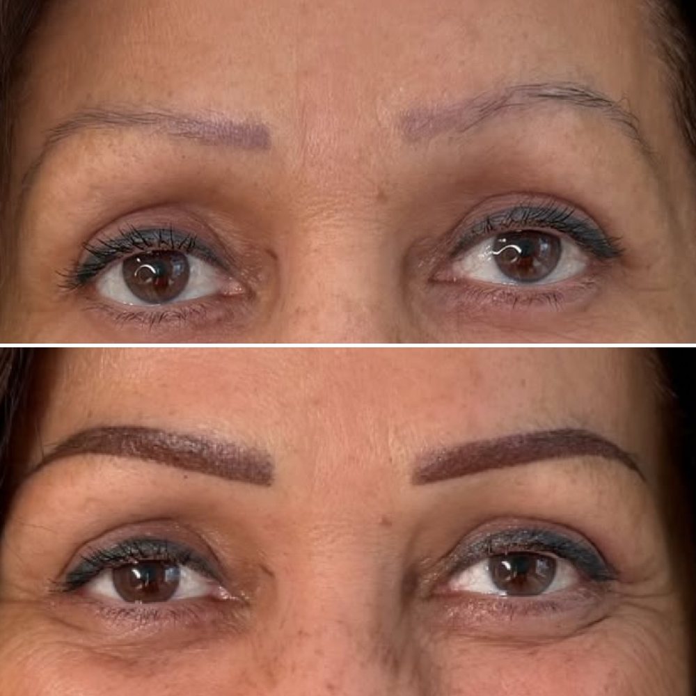 Permanent eyeliner and brows before and after, close up on hooded mature eyelids