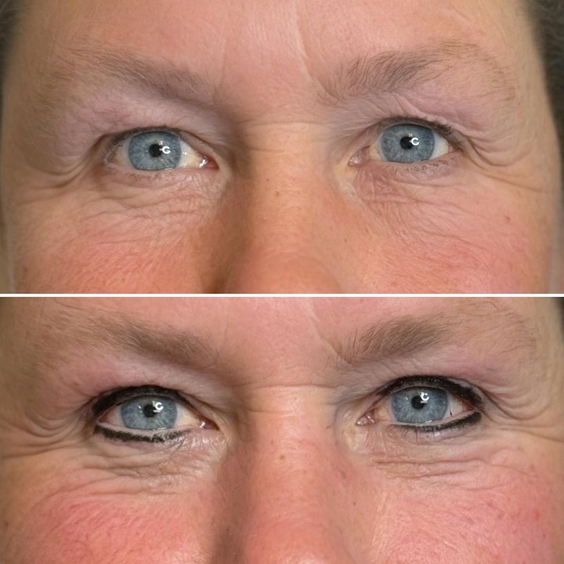 Permanent eyeliner before and after, close up on hooded mature eyelids
