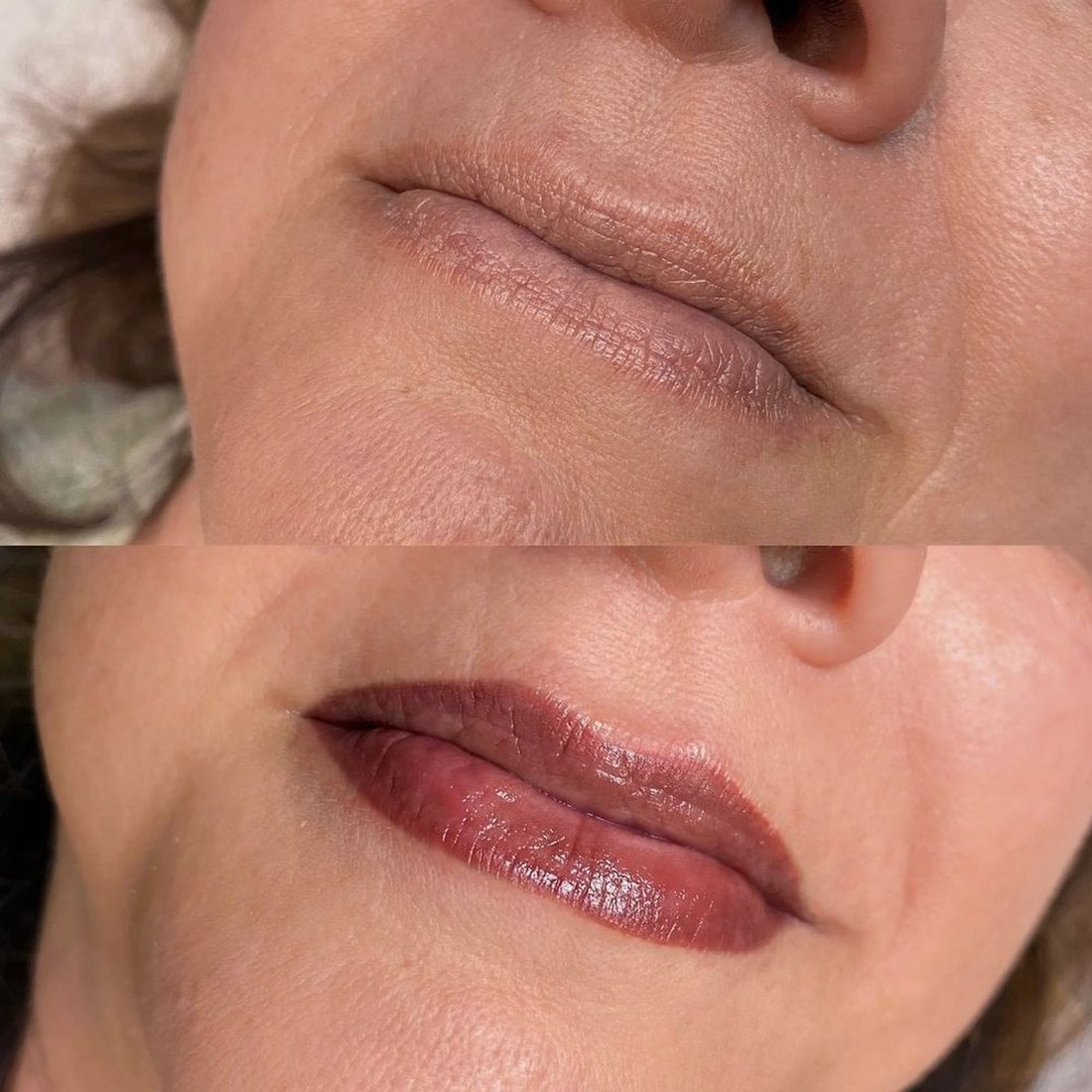Permanent lip liner before and after, a faded lip border redefined on mature skin
